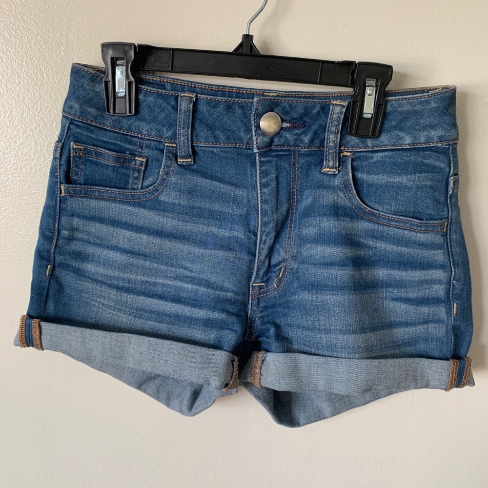 american eagle blue hi rise shortie jean shorts